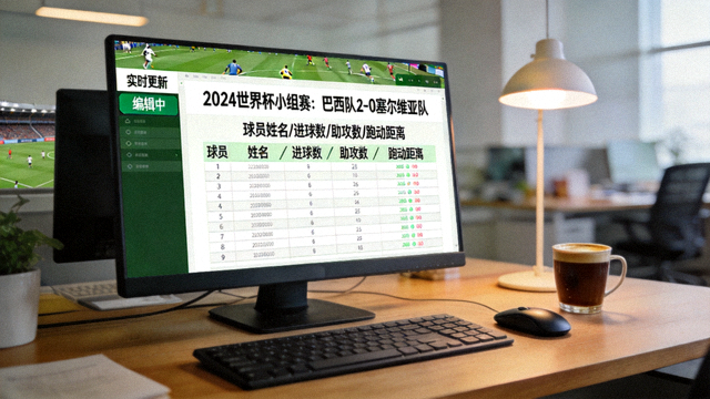 体育新闻编辑工作台，屏幕上显示赛事稿件与比赛数据表格